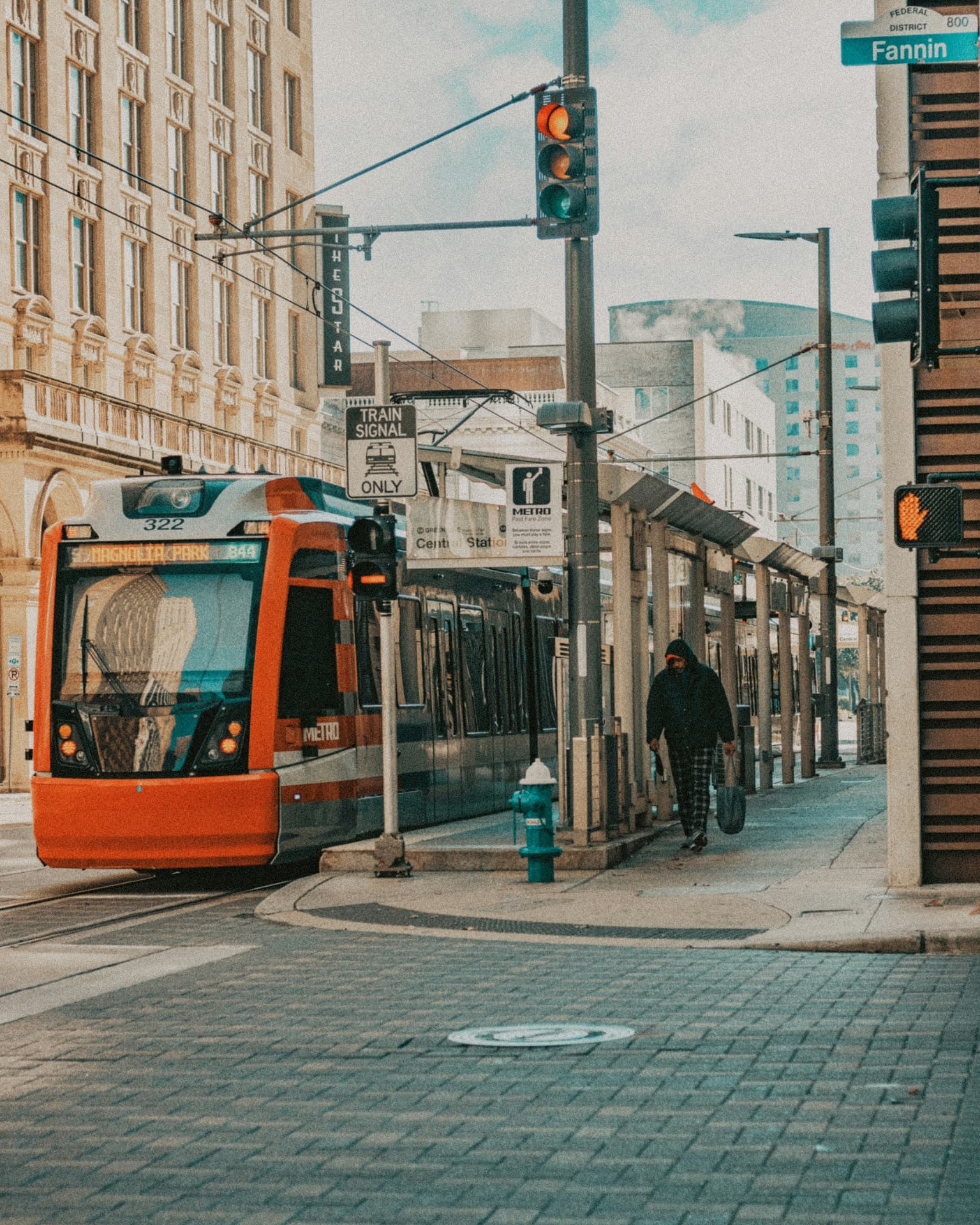 A METRORail train at Central Station on Fannin Street