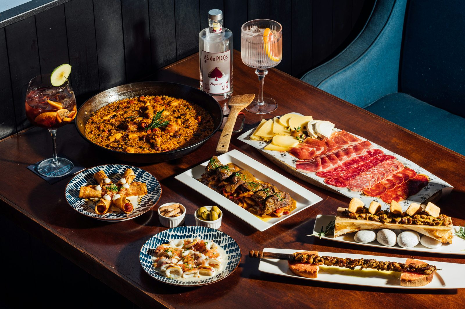 A table spread of classic Spanish tapas